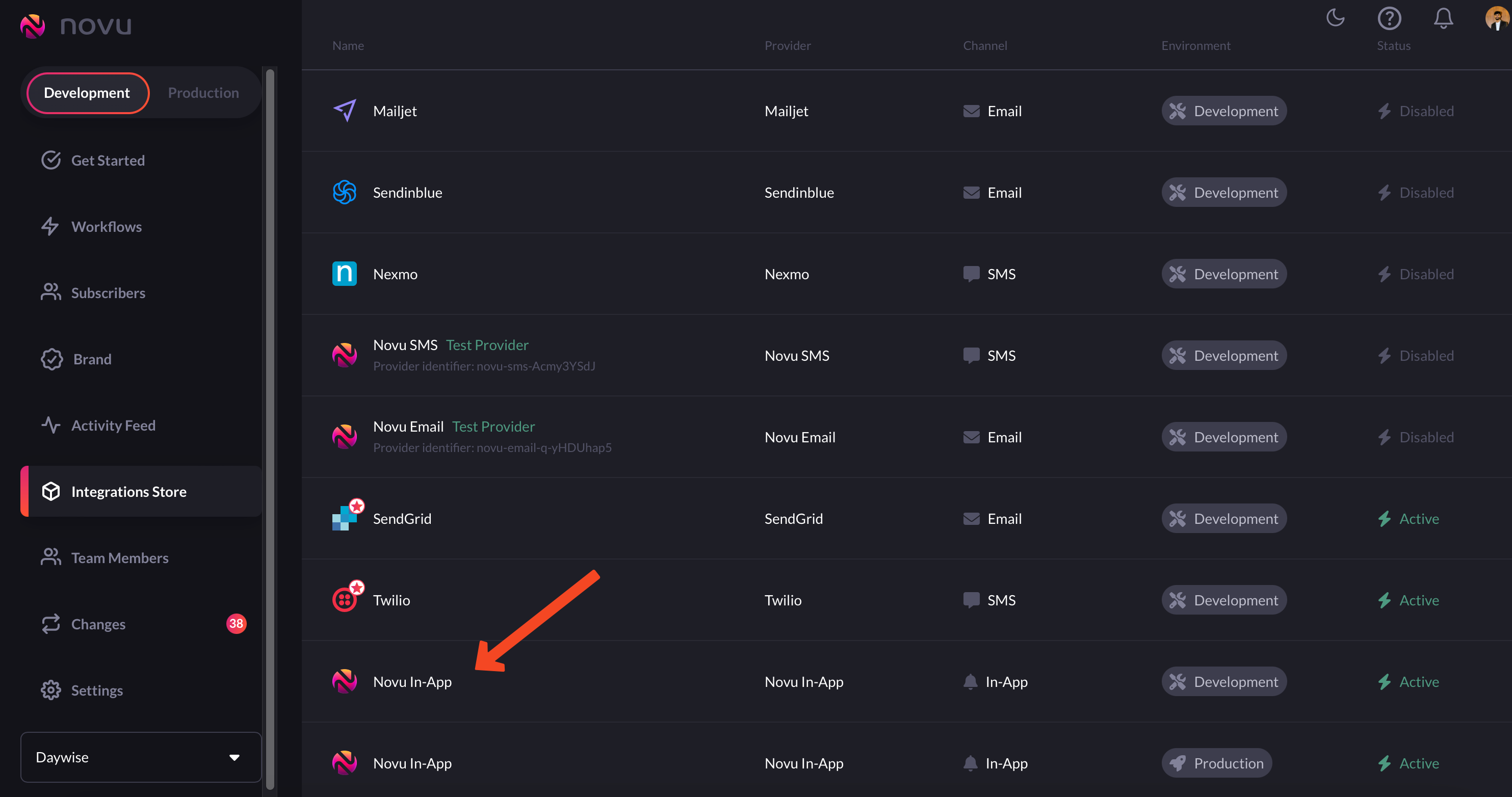 Novu in-app provider on Novu web dashboard's Integration store