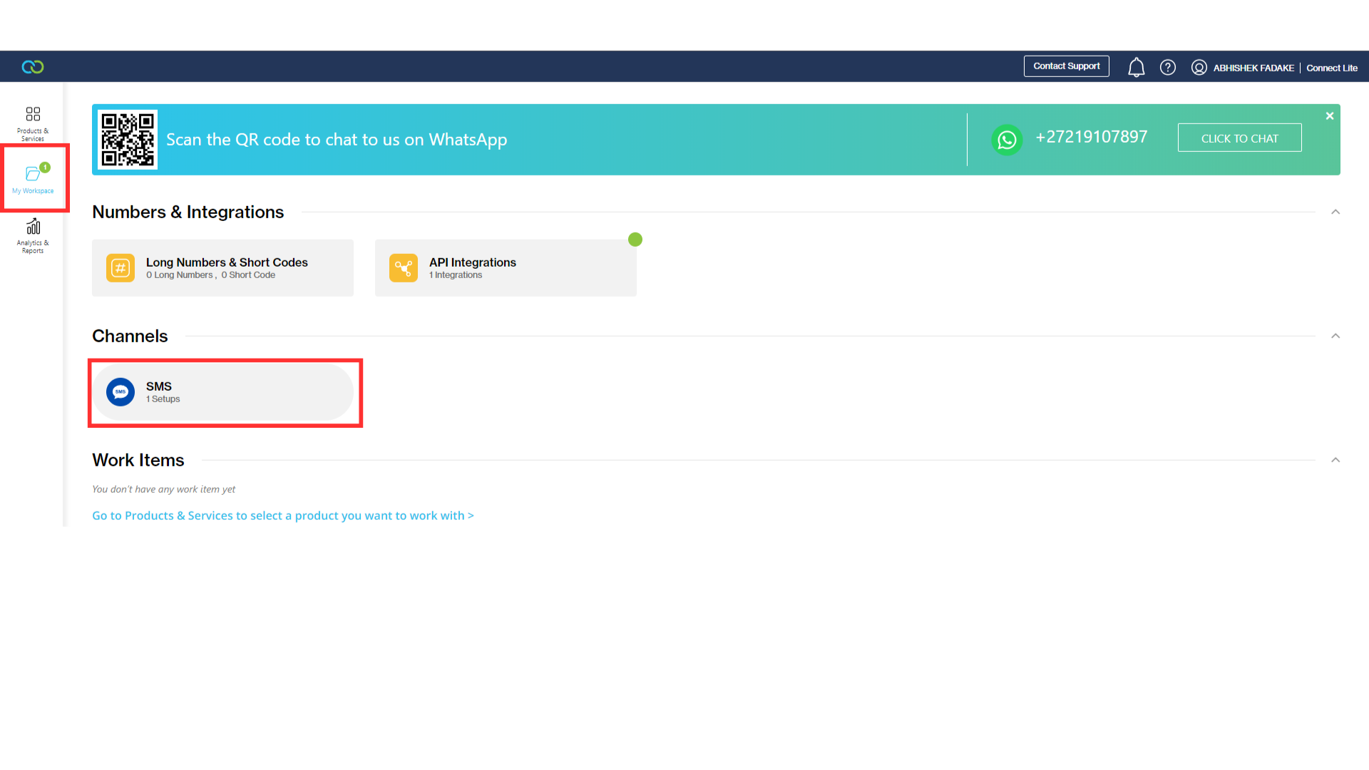 Click on the My Workspace, and then click SMS in Channels Section