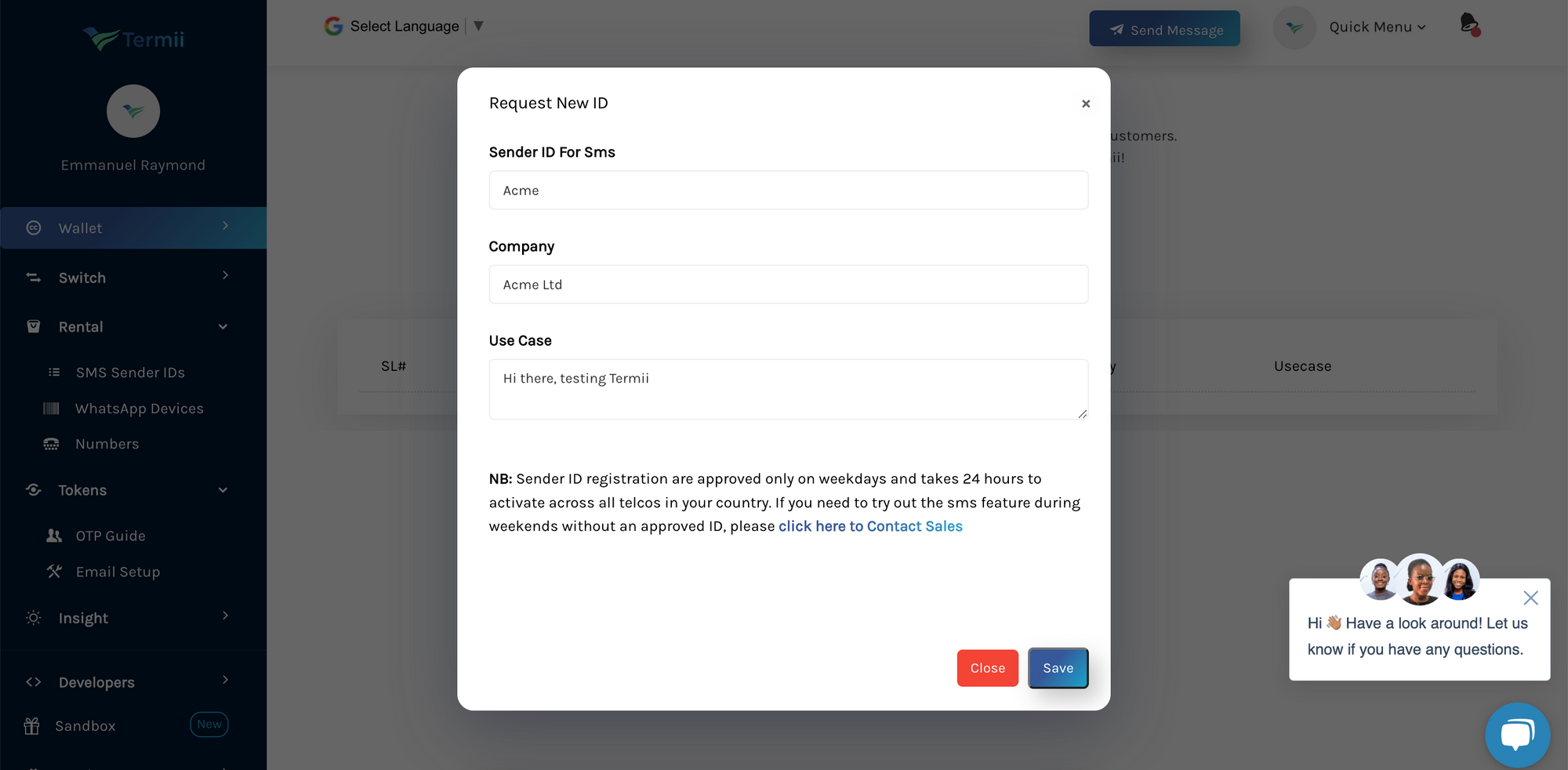 Fill in the make a new request form to create a sender ID